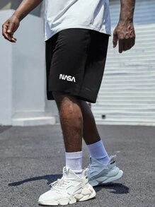 Manfinity Homme Hombres Shorts con estampado de letra de cintura con cordón - Negro - Ver 4