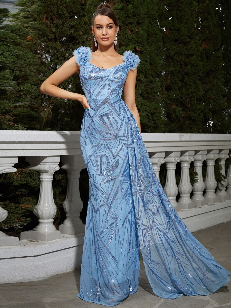 Missord 雞心領口網紗拼接打褶細節亮片正式連衣裙 - 藍色 - 查看 1