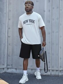 Manfinity Homme Hombres Shorts con estampado de letra de cintura con cordón - Negro - Ver 5