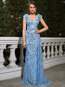 Missord 雞心領口網紗拼接打褶細節亮片正式連衣裙 - 藍色 - 查看 5