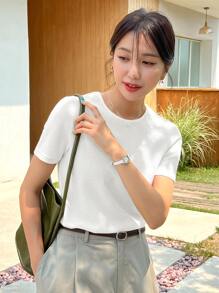 DAZY Waffle Knit Round Neck Tee - White - View 1
