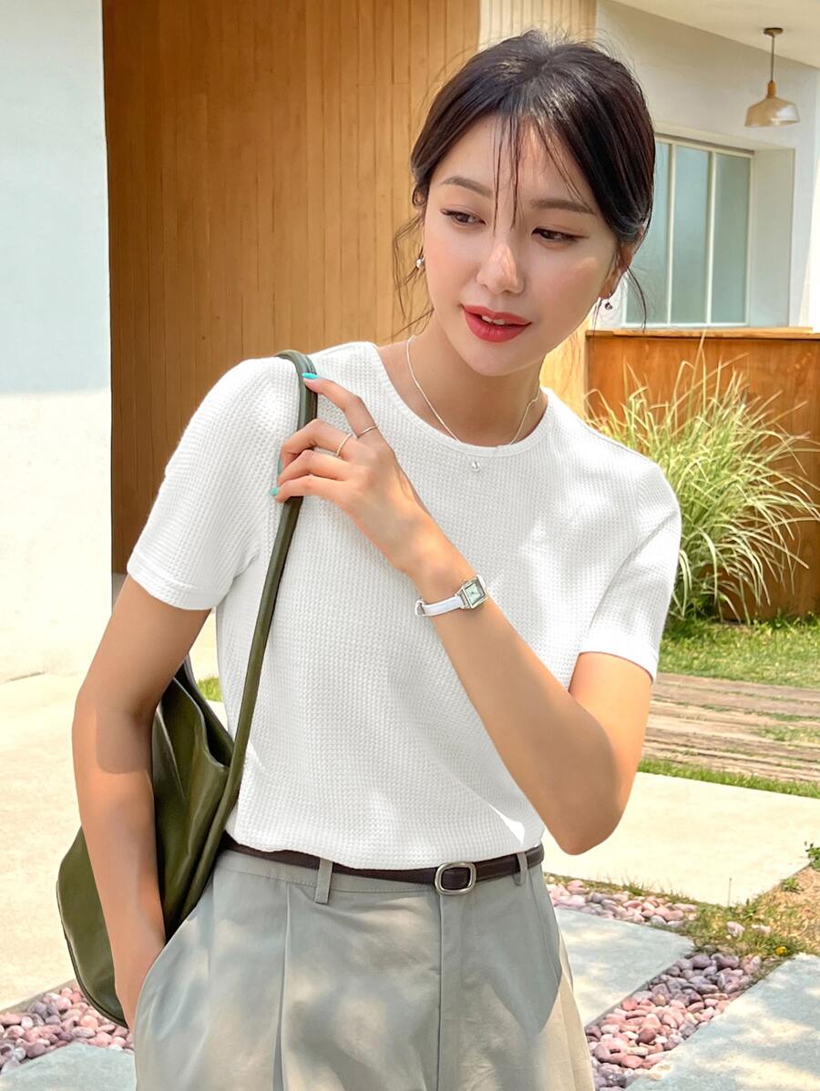 DAZY Waffle Knit Round Neck Tee - White - View 1