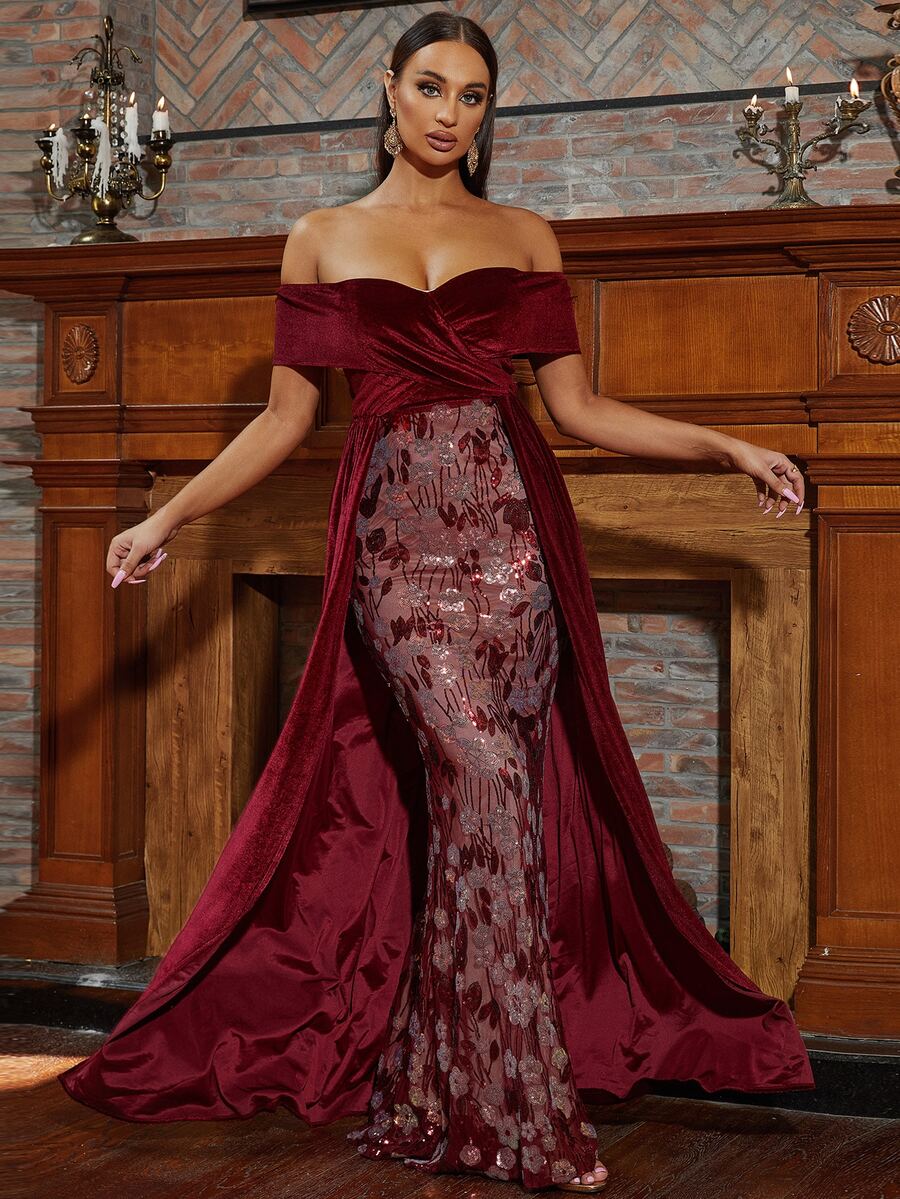 Missord 一字肩及地亮片正式洋裝 - 酒紅色 - 查看 1