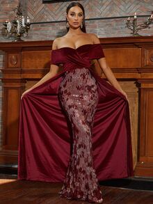 Missord 一字肩及地亮片正式洋裝 - 酒紅色 - 查看 4