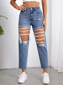 Jeans ajustados mom desgarro de talle alto - Lavado ligero - Ver 1