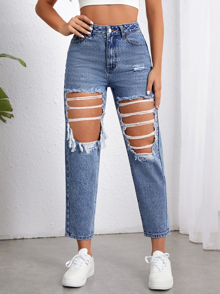 Jeans ajustados mom desgarro de talle alto - Lavado ligero - Ver 1