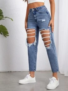 Jeans ajustados mom desgarro de talle alto - Lavado ligero - Ver 4
