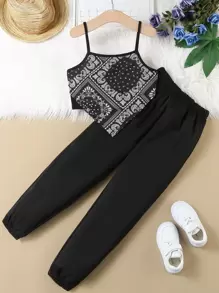 女孩佩斯利絲巾圖案頭巾下擺吊帶上衣和褲子