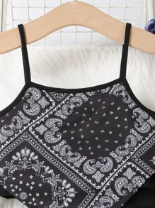 女孩佩斯利絲巾圖案頭巾下擺吊帶上衣和褲子