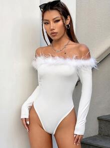 SHEIN BAE Off Shoulder Fuzzy Trim Bodysuit - White - View 5