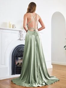 BABYONLINE D.R.E.S.S. Váy phù dâu trễ vai bằng vải satin buộc dây thanh lịch - Màu xanh Bạc hà - Xem 2