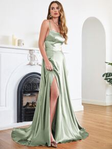 BABYONLINE D.R.E.S.S. Váy phù dâu trễ vai bằng vải satin buộc dây thanh lịch - Màu xanh Bạc hà - Xem 3