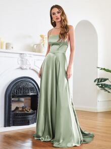 BABYONLINE D.R.E.S.S. Váy phù dâu trễ vai bằng vải satin buộc dây thanh lịch - Màu xanh Bạc hà - Xem 4