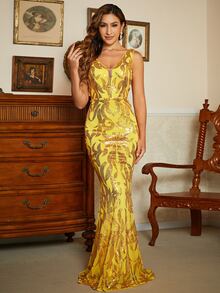 Missord 網紗拼接魚尾裙下擺亮片正式連衣裙