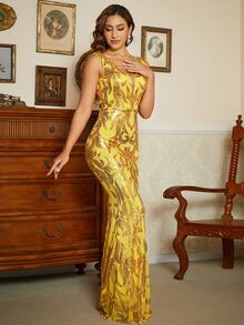 Missord 網紗拼接魚尾裙下擺亮片正式連衣裙