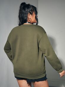 ROMWE Goth Sudadera con estampado de letra de hombros caídos - Verde militar - Ver 2
