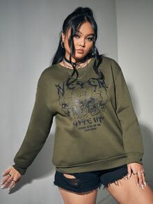 ROMWE Goth Sudadera con estampado de letra de hombros caídos - Verde militar - Ver 5