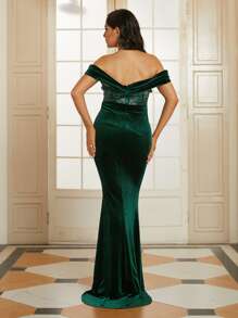 Missord 一字肩亮片拼接魚尾裙下擺正式洋裝 - 墨綠色 - 查看 2
