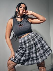 ROMWE Plus Plaid Print Chain Detail Pleated Skirt - Black and White - View 5