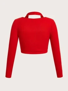 SHEIN EZwear 大碼素色條紋針織帶扣細節T恤 - 紅色 - 查看 2