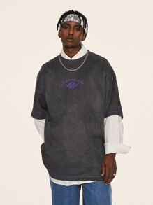 Tops Nam Thêu Lá thư Đường phố - Màu xám đen - Xem 3