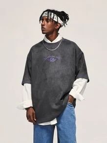 Tops Nam Thêu Lá thư Đường phố - Màu xám đen - Xem 5