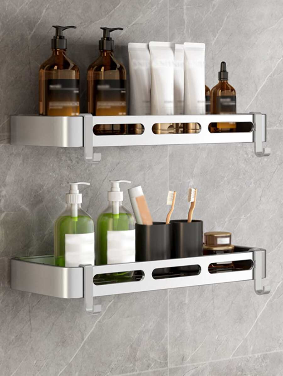1 pieza Estante de almacenamiento de baño sin perforación montado en la pared - Plateado - Ver 1