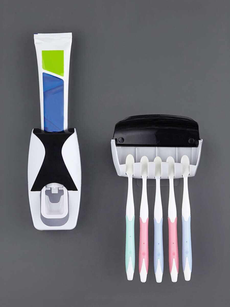 1pc Automatic Toothpaste Squeezer & 1pc Toothbrush Storage Rack - Multicolor - View 1