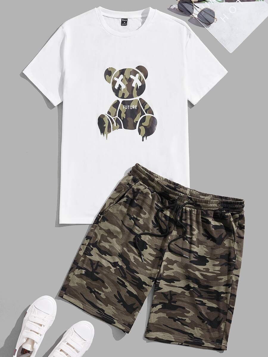 Manfinity VCAY 男士卡通圖案T恤和迷彩印花短褲 - 白色 - 查看 1