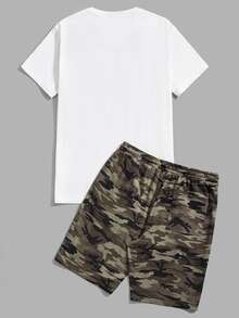 Manfinity VCAY 男士卡通圖案T恤和迷彩印花短褲 - 白色 - 查看 2