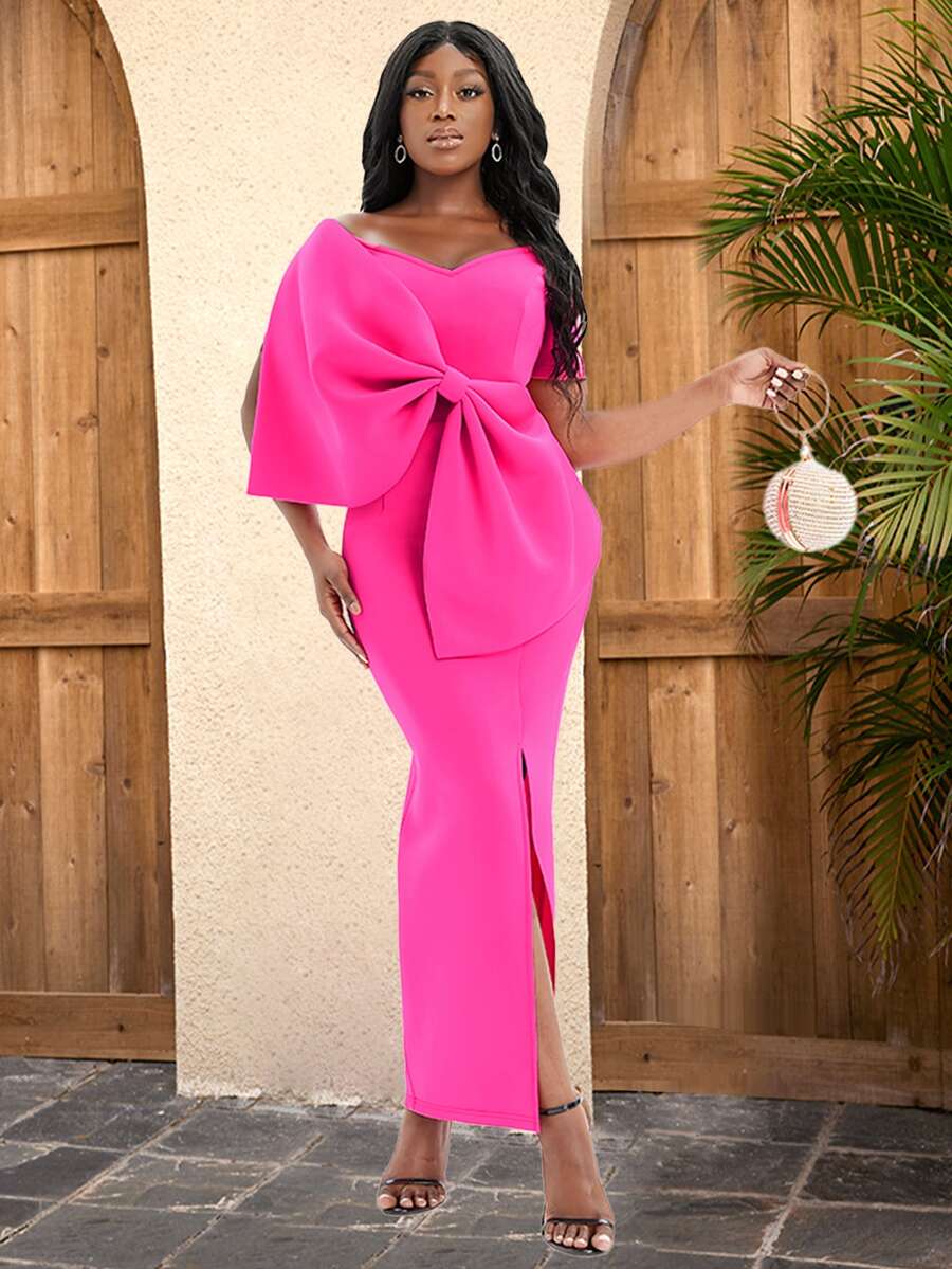 Big Bow Front Split Thigh Dress - Hot Pink - View 1