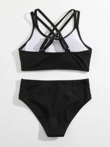 Tween Girl 纯色交叉后背比基尼套装 夏日海滩 - 黑色 - 查看 2