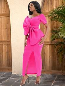 Big Bow Front Split Thigh Dress - Hot Pink - View 6