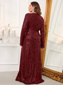 Plus Plunging Neck Ruched Split Thigh Sequin Formal Dress - Maroon - View 2