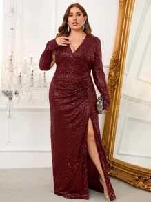 Plus Plunging Neck Ruched Split Thigh Sequin Formal Dress - Maroon - View 3