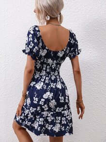 SHEIN VCAY Vestido con estampado floral con cordón delantero con fruncido bajo con fruncido - Azul Marino - Ver 2