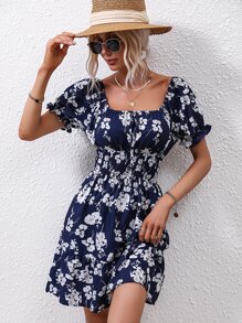 SHEIN VCAY Vestido con estampado floral con cordón delantero con fruncido bajo con fruncido - Azul Marino - Ver 4