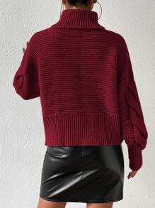 SHEIN Privé Cable Knit Turtleneck Drop Shoulder Jumper - Burgundy - View 2