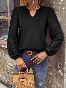 SHEIN LUNE Contrast Mesh Lantern Sleeve Notched Neck Blouse - Black - View 3