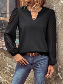 SHEIN LUNE Contrast Mesh Lantern Sleeve Notched Neck Blouse - Black - View 5