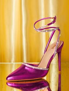 SheIn SXY Rhinestone Decor Tie Leg Design Point Toe Stiletto Heeled Strappy Pumps - Hot Pink - View 2