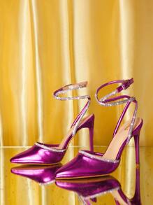 SheIn SXY Rhinestone Decor Tie Leg Design Point Toe Stiletto Heeled Strappy Pumps - Hot Pink - View 6