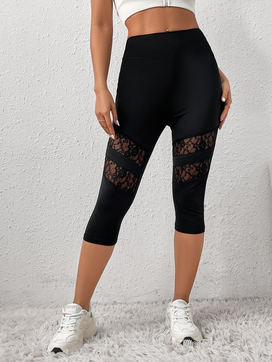 SHEIN Essnce Contrast Lace Capri Leggings - Black - View 1