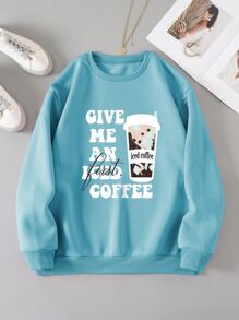 SHEIN EZwear Slogan & Cartoon Graphic Thermal Lined Sweatshirt - Mint Blue - View 1