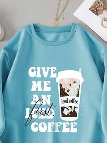 SHEIN EZwear Slogan & Cartoon Graphic Thermal Lined Sweatshirt - Mint Blue - View 3