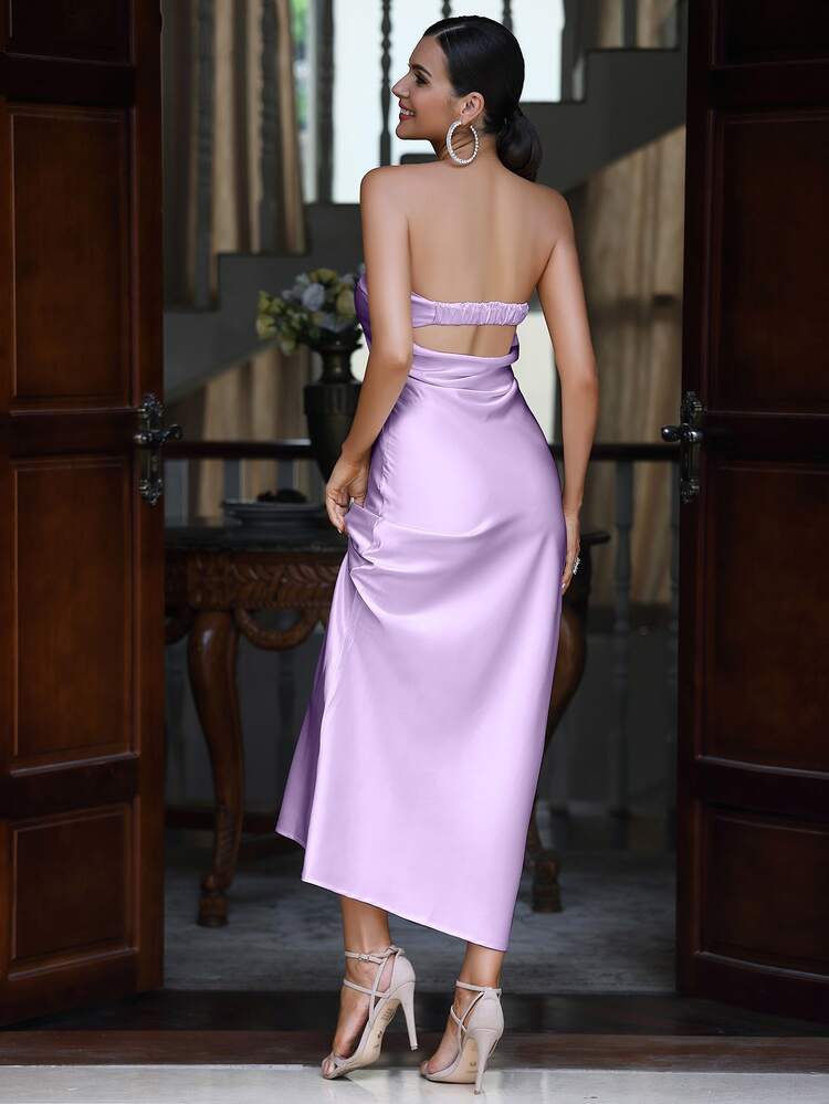 Solid Satin Tube Formal Dress Elegant Cocktail Semi Formal Prom Wedding Guest Dress, For Birthday, Graduation, Dinner, Homecoming Party Dress Spring