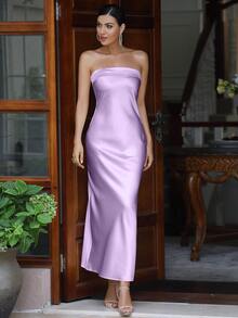 纯色缎面抹胸礼服，优雅鸡尾酒会、半正式舞会、婚礼宾客礼服，适合生日、毕业典礼、晚宴、返校节派对等场合，春季必备 - 紫丁香色 - 查看 4