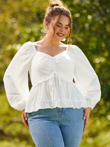 S BETRO Blusa escote corazón con encaje de manga farol bajo con fruncido - Blanco - Ver 1