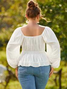 S BETRO Blusa escote corazón con encaje de manga farol bajo con fruncido - Blanco - Ver 2