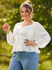 S BETRO Blusa escote corazón con encaje de manga farol bajo con fruncido - Blanco - Ver 4